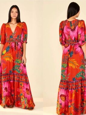 farm rio bicolor guipure one-shoulder maxi dress Farm Rio Bicolor Guipure One-Shoulder Maxi Dress - Red